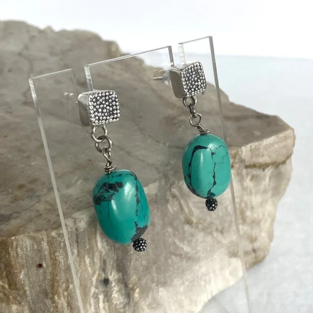 Sterling Silver 925 Southwest Style Beaded Turquoise Square Stud Dangle Earrings